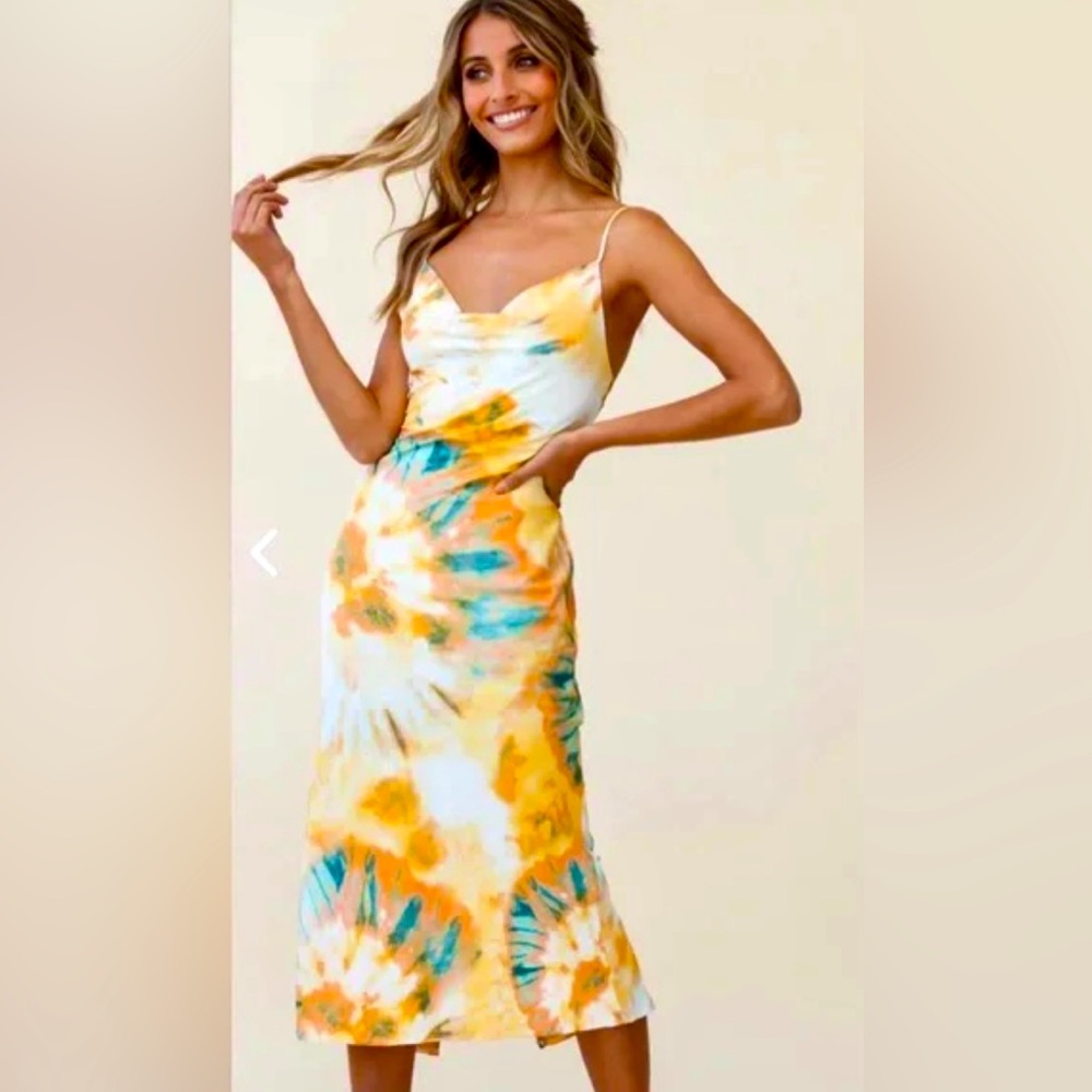 Selfie Leslie Show Me Love Cowl Neck Midi Dress Tie-Dye Orange Teal